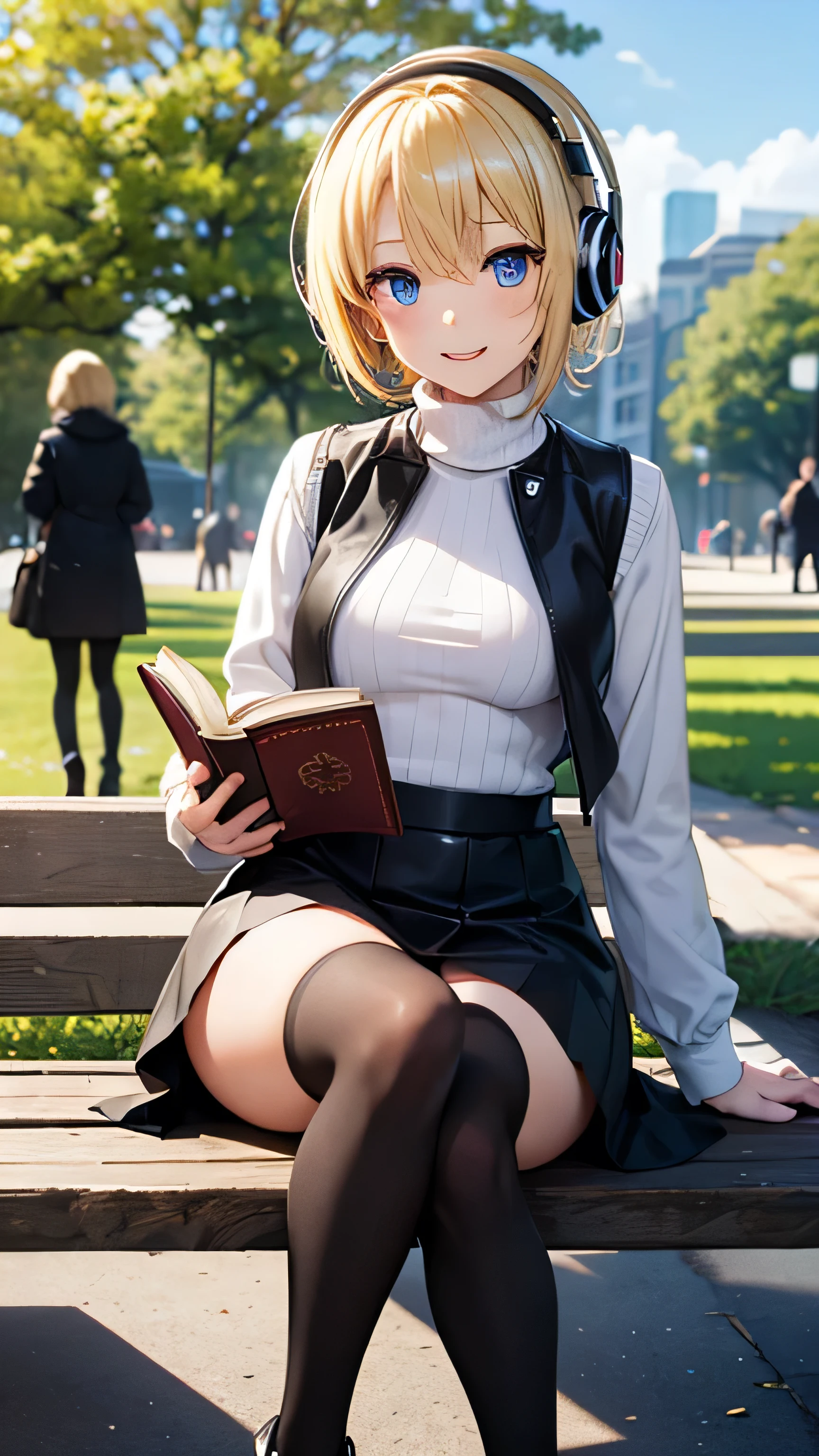 best quality, masterpiece, nice hands, perfect hands,noelle silva, smile,medium breasts, black Cardigan, sitting under a tree, reading a book, detailed skin texture, (blush:0.5), (goosebumps:0.5), subsurface scattering,crossing leg,medium thighs, white hair