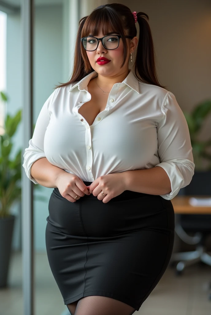 best qualtiy, Full body like,Cinematic shots,Refined face,pretty face,20yo Woman, short, plump and sexy body,Extra-large big breasts。Oversized bust,big breasts thin waist,office lady uniform,Office wear,black pants,Black booties,interior scenes,office room,Stand up,full body shot shot。buttoned up blouse, big tits, buttoned up blouse, see through