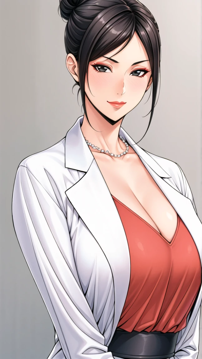 masterpiece, hot shot, ((best quality)), absurdres, perfect antomy, Tae Takemi, (Small smile), necklace, choker, dress, (Big breasts:1.3), braless, defined abdomen, labcoat, standing, doctor office background, sexy pose