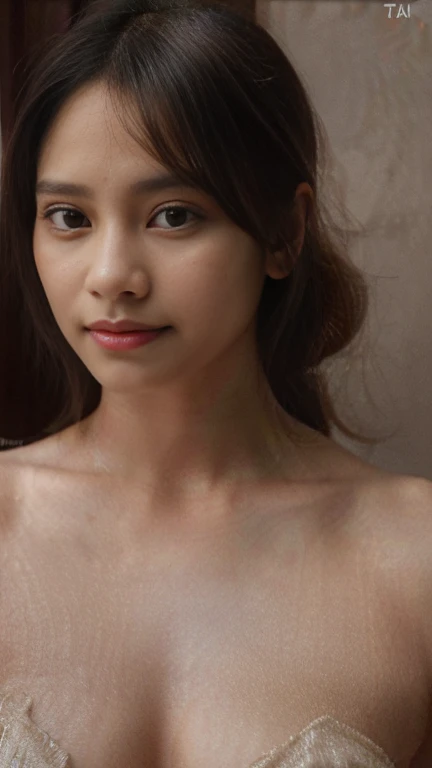 medium shot, (teenager), young fashion model, realistic, sensual, beautiful girls face, baby face, (Naked:1.5), raw photo, photorealistic, intricate details, masterpiece, best quality, ultra high resolution, professional lighting, detailed eyes, detailed facial features, young woman, looking at viewer, skin tight, very fair and shiny skin, dreams, medium hair, brunette, 1 girl, cute, pretty, (broad shoulder:1.2), (flat-chest:1.3), simple background, looking straight at camera, smiling, background paper for photography, (white background paper:1.2), ponytail with bang,