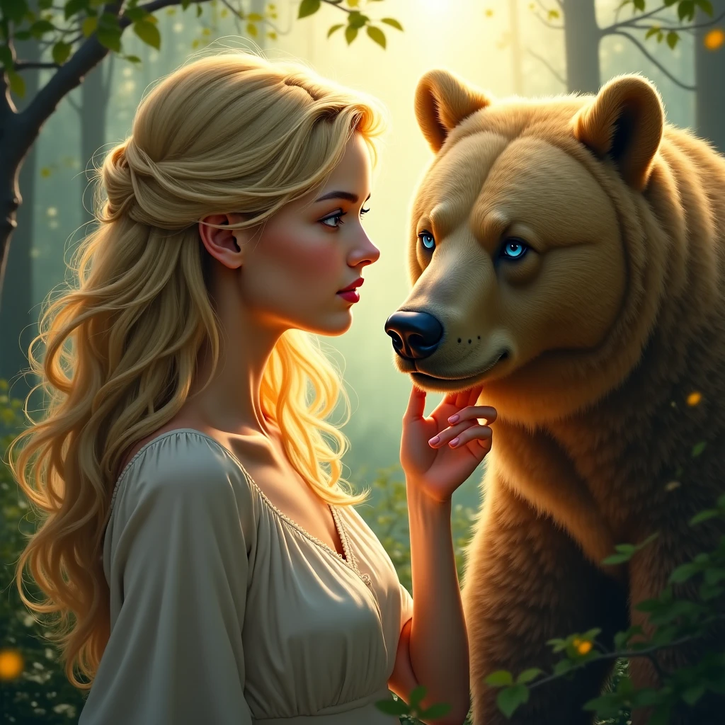 a white woman lies next to a bear on a flowering lawn, long hair is decorated with a floral wreath, long precious beads on her neck, dynamic pose, rich watercolor colors, clear details and lines, light background, the rays of the sun illuminate the woman and the bear, butterflies fly, fantasy, realism , airbrush watercolor with broad strokes, style Mikhail Garmash