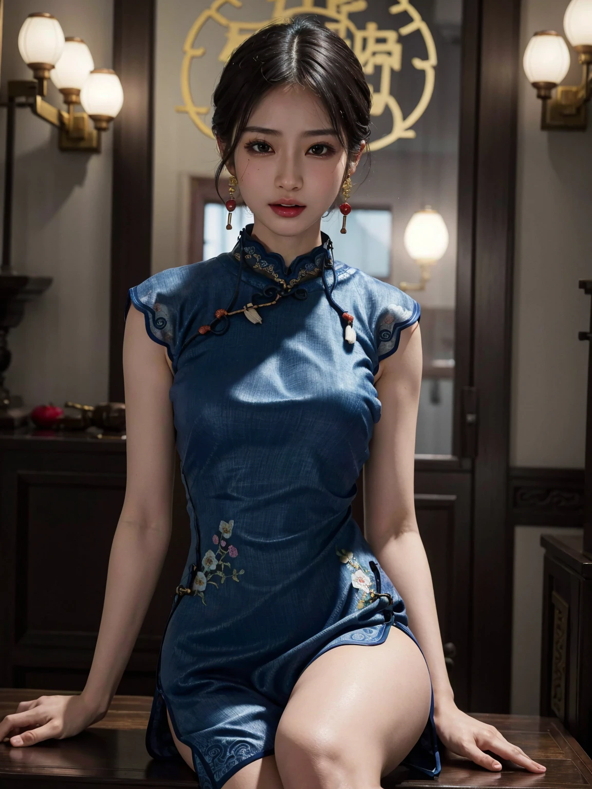 absurdres, RAW photo, extremely delicate and beautiful, masterpiece, Best Quality, ultra high resolution, 32k, hyperrealistic, ultra-detailed, perfect anatomy, perfect figure, super Detailed skin, 30 years old, very Slim body, narrow waist, very small head, very small face, delicate facial features, tearful mole, earring, thin legs, (((very huge round breasts))), ((full body shot)), short medium hair, ((wavy hair)), wet clothes, (((Cheongsam))), sleeveless,
