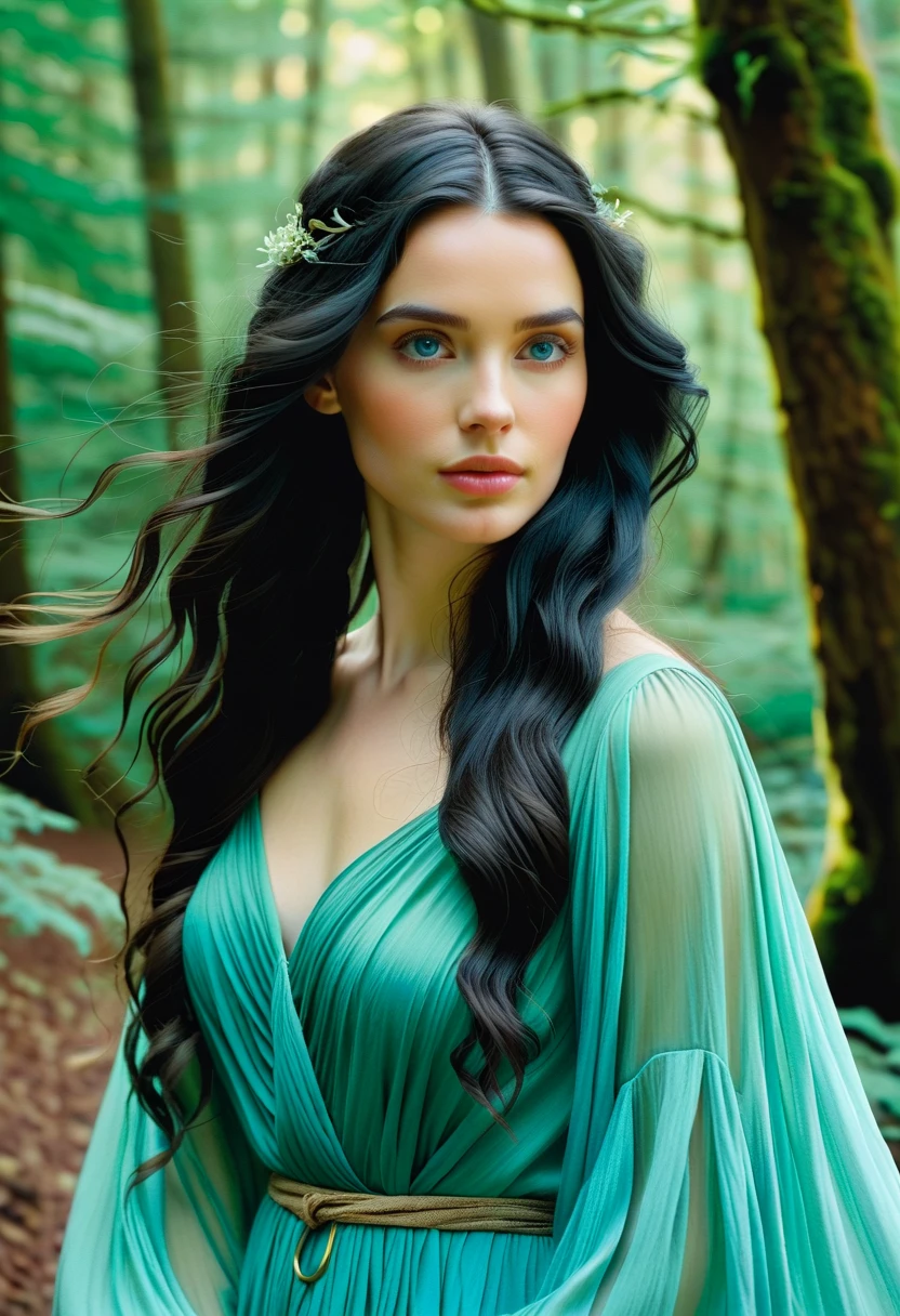 Aphrodite, live action actress, , black hair, curly hair, green eyes,Face shot.