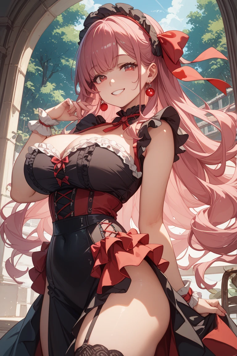 1 girl, pink long bun hair, heart shaped eyes, ♡, Bunny ears、Idol, {girl with pink long bun hair named Nami}, (Pink eye color), {downtown}, (smile), bright background , mole under eye, heart shaped choker, (masterpiece, highest quality), very detailed, highest quality, official art, beautiful and aesthetic: 1.2), (1 girl), very detailed, (geometry art: 1.3), colorful, most detailed ?d1 girl, pink long bun hair, Eye of the symbol, +__+, big breasts, gothic costume, {A girl with long pink bun hair named Nami}, (Pink eye color), {downtown}, (smile), bright background, (garden,beautiful flower々),mole under eye, heart shaped choker, (masterpiece, highest quality), official art, beautiful and aesthetic: 1.2), (1 girl), very detailed, (geometry art: 1.3), colorful