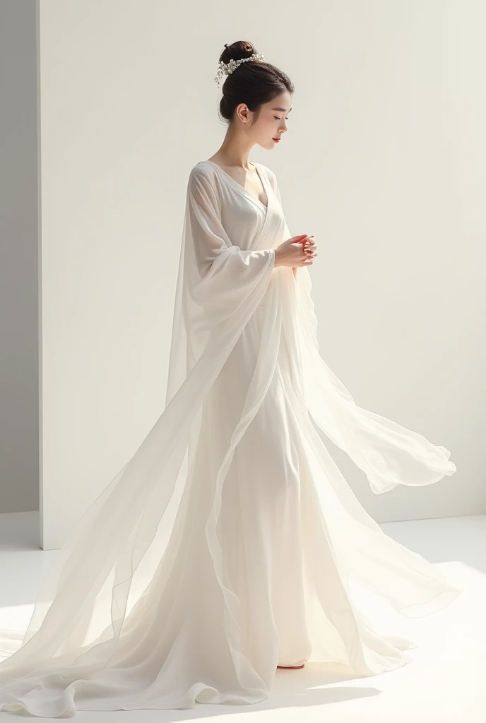 There is a woman in a white dress standing on the rock, elegant dress, flowing white robe, wearing a white elegant dress, flowing robe, flowing robes, Flowing white dress, Fluid magic robe, flowing robe, Flowy silk slip dress, Wearing a flowing long fabric, wearing a elegant dress, flowy fabric, Gauzy angel dress, Wearing a semi-transparent sheet
