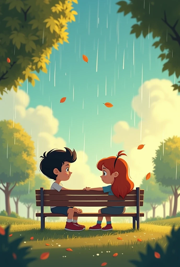 A cartoon of A boy and a girl sitting at restaurant in rainy season . Adult boy and girl. Nothing will remain on hand. Eye to eye. Maintain a little bit more distance