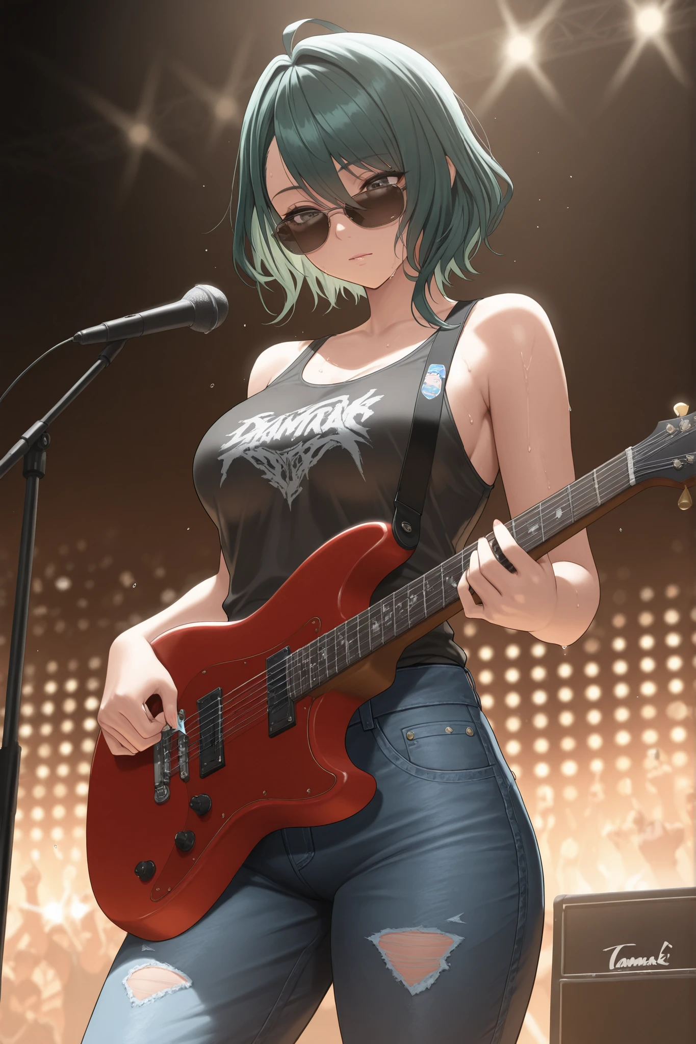 masterpiece, best quality, absurdres, newest, very aesthetic, amazing quality,highres, tamaki \(doa\), green hair, hair between eyes, asymmetrical bangs, ahoge, medium breasts, mature female, Electric guitar, tank top, Distressed denim, Rock band guitarist, wearing sunglasses, Live Performance Venues, sweat, holding a guitar pick