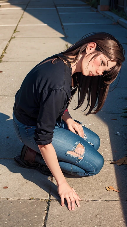 Beautiful 10 year old girl squatting,feliz, de cuclillas e inclinada hacia el suelo. Looking at the ground petting a small cat.. imagen realista. (obra maestra) (detallado)