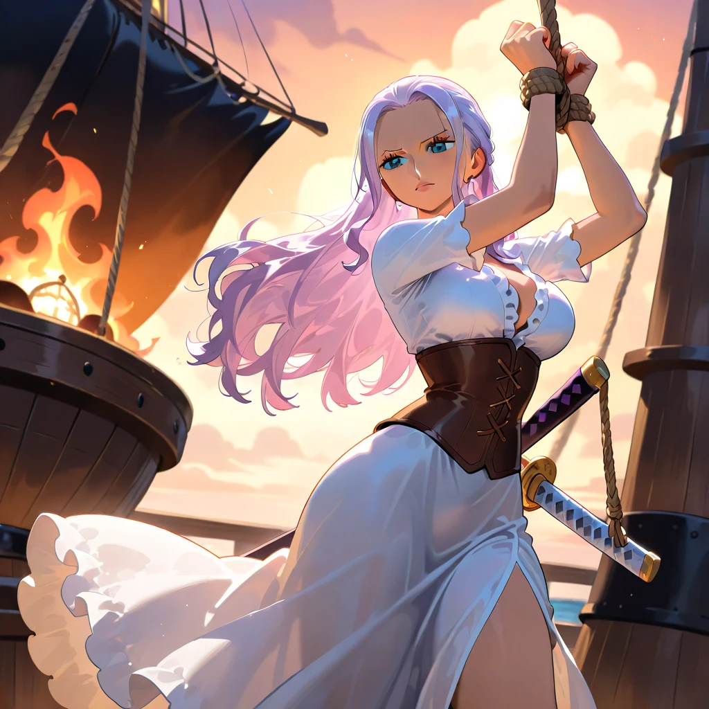 best quality, (masterpiece),(ultra-detailed), (high quality), (high resolution), <lora:Zola:0.7>,1girl, bandana, bare shoulders, belt, black thighhighs, cleavage, dark skin, earrings, gloves, hair bow, holding weapon, hoop earrings, jewelry, long hair, looking at viewer, necklace, pirate, ponytail, smile, solo, tube top, weapon, white background, white hair, zola