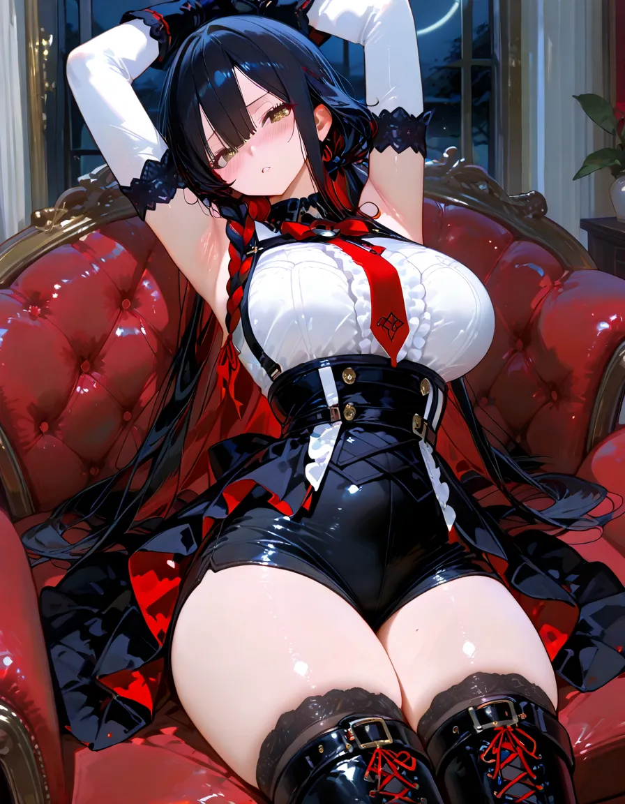 Eliza from Tekken sitting on the edge of the bed, stroking a boy's face