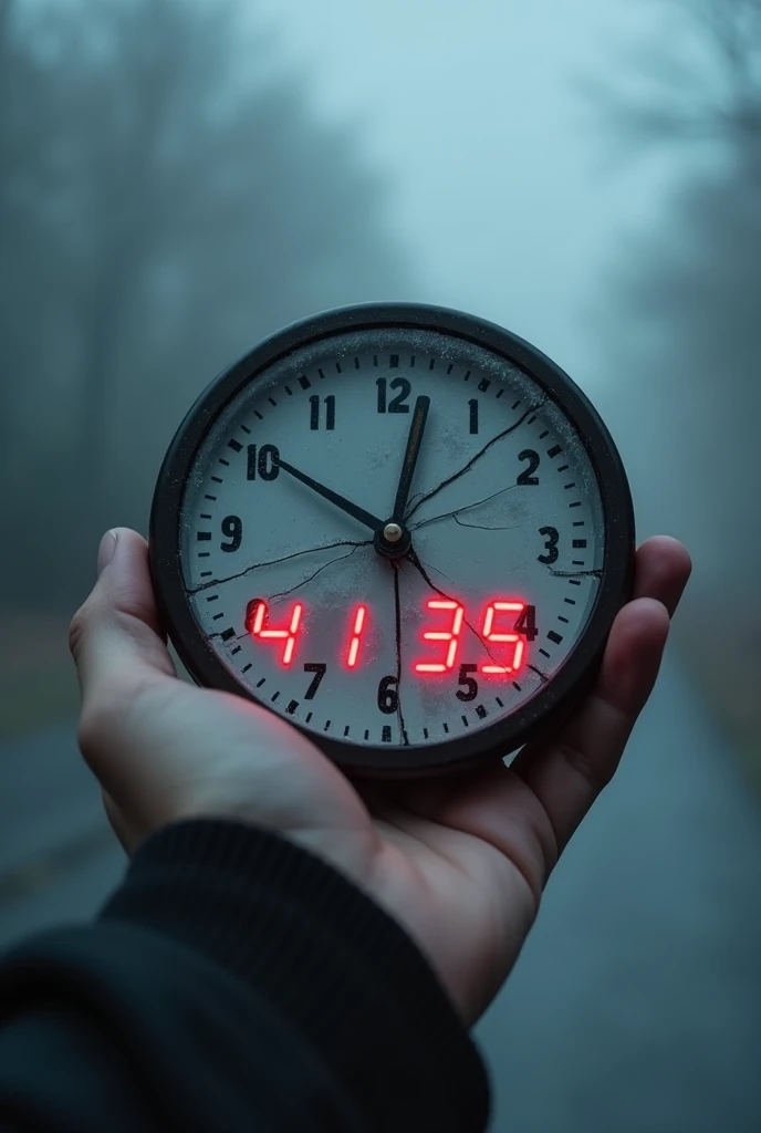 "First-person close-up of holding the broken clock in hand. The clock hands are frozen, but digital red numbers are glowing and counting down on its cracked surface. Foggy background, cold and mysterious tone, cinematic realism."