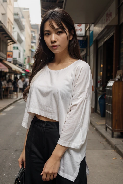 Young French-Japanese mixed race, 22 years old, cheveux long noir , beautiful detailed face, yeux noirs, Beautiful lip, corps naturels , in Paris outdoors, eye-liner, dressed in white blouse and black skirt, petit sourire en coin, reflets du soleil sur son visage, corps face a la camera
