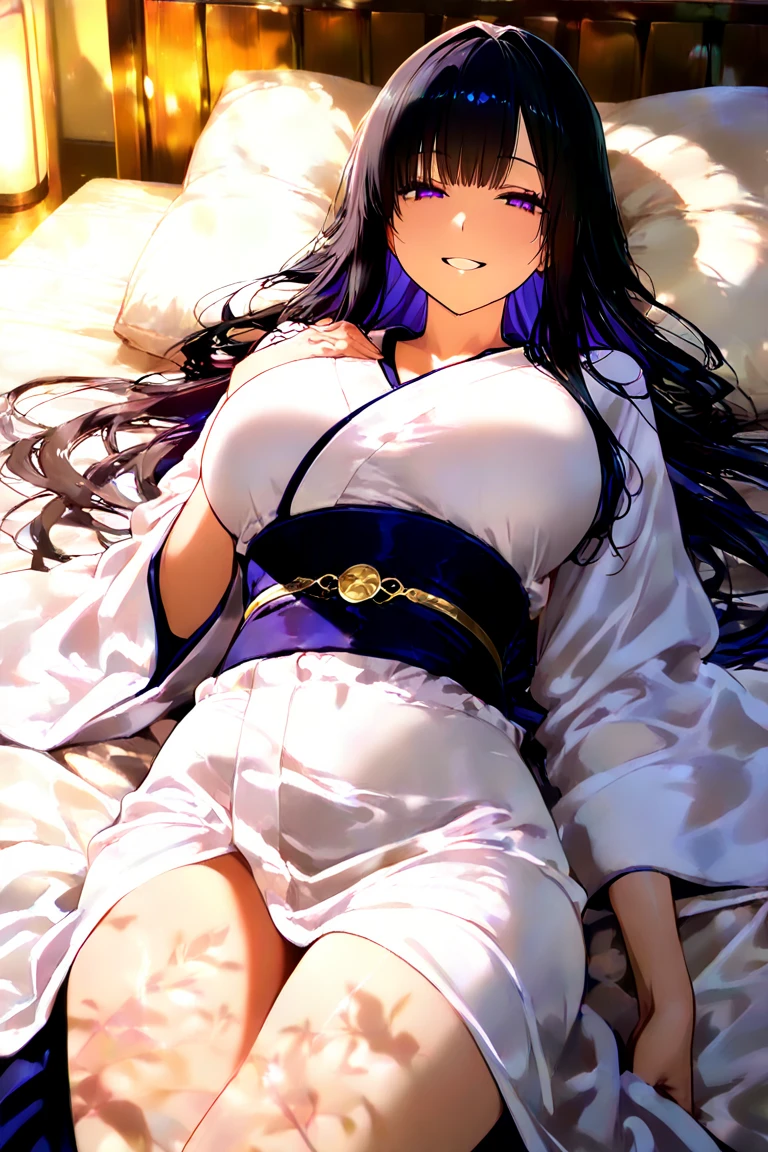 1girl, astaroth_v3, kimono, cleavage, sash, white thighhighs, masterpiece, best quality