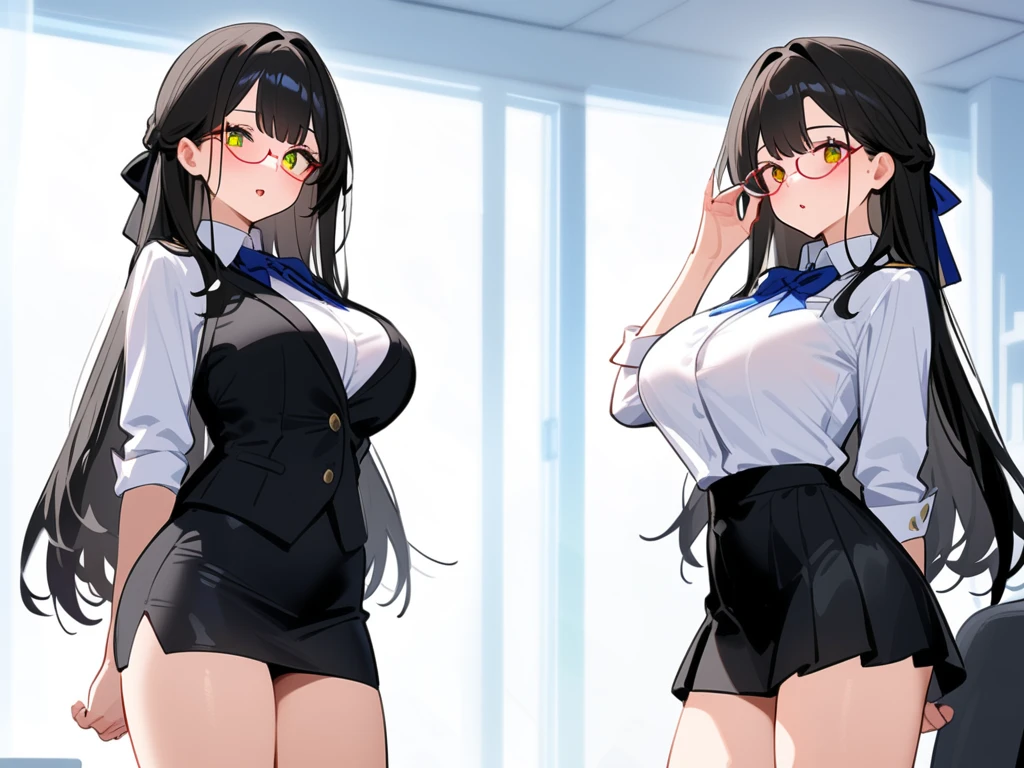 (blue archives Aru:1.5), (standing in office alone), (solo), BREAK, skinny, bending back, tiptoe, BREAK, (huge breasts), narrow waist, short torso, (skinny long legs), BREAK, sheer white blouse, neck ribbon, black very short tight-fit high-waist skirt, highheels, BREAK nose blush, open mouth, flustering