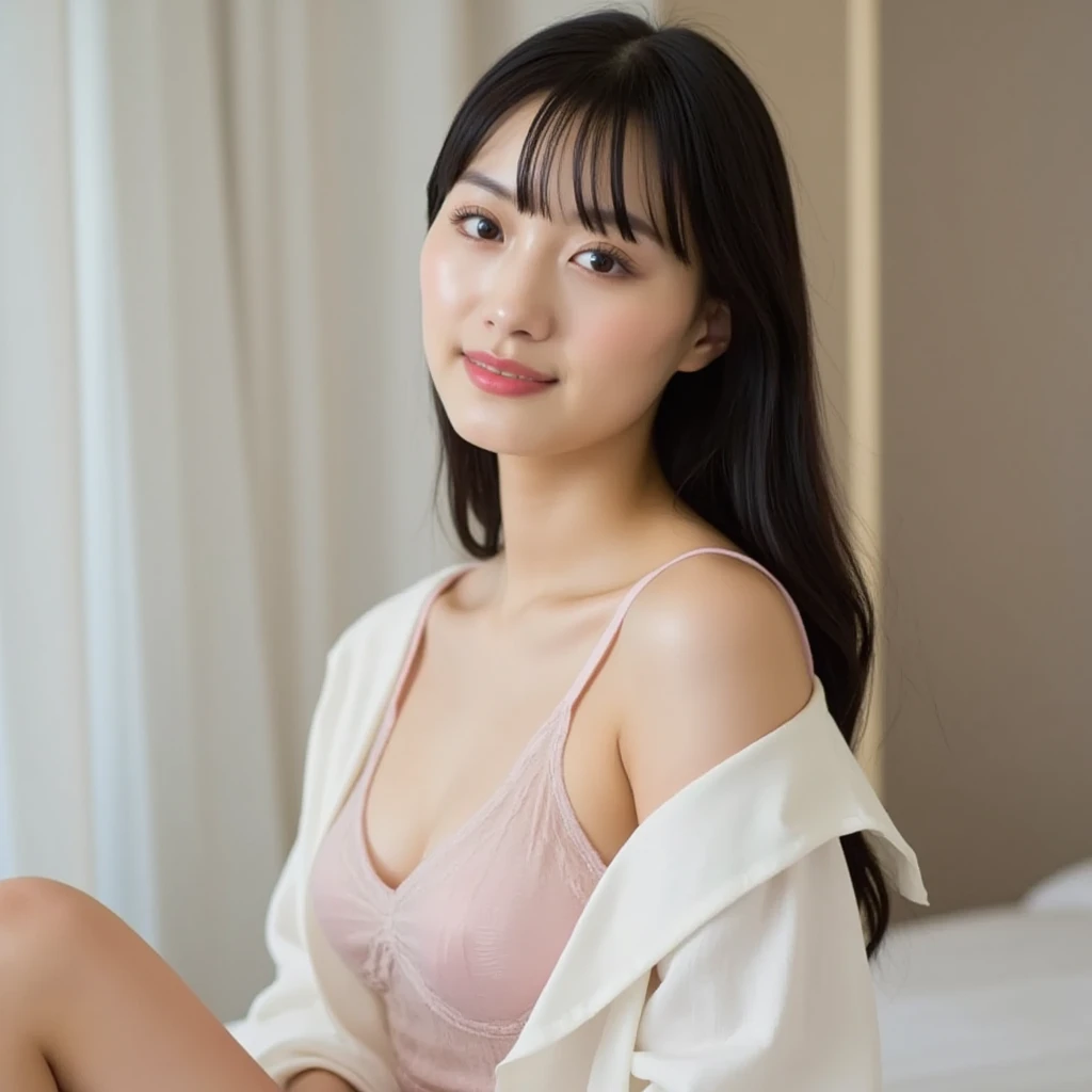 Realistic photos、Focus on the face of a cute high school girl、Bikini、Beautiful sitting , Sit well, Taken from the opposite seat, skirt, High heels, pantyhose, White lace panties, Surprised expression, Perfectly styled long hair,