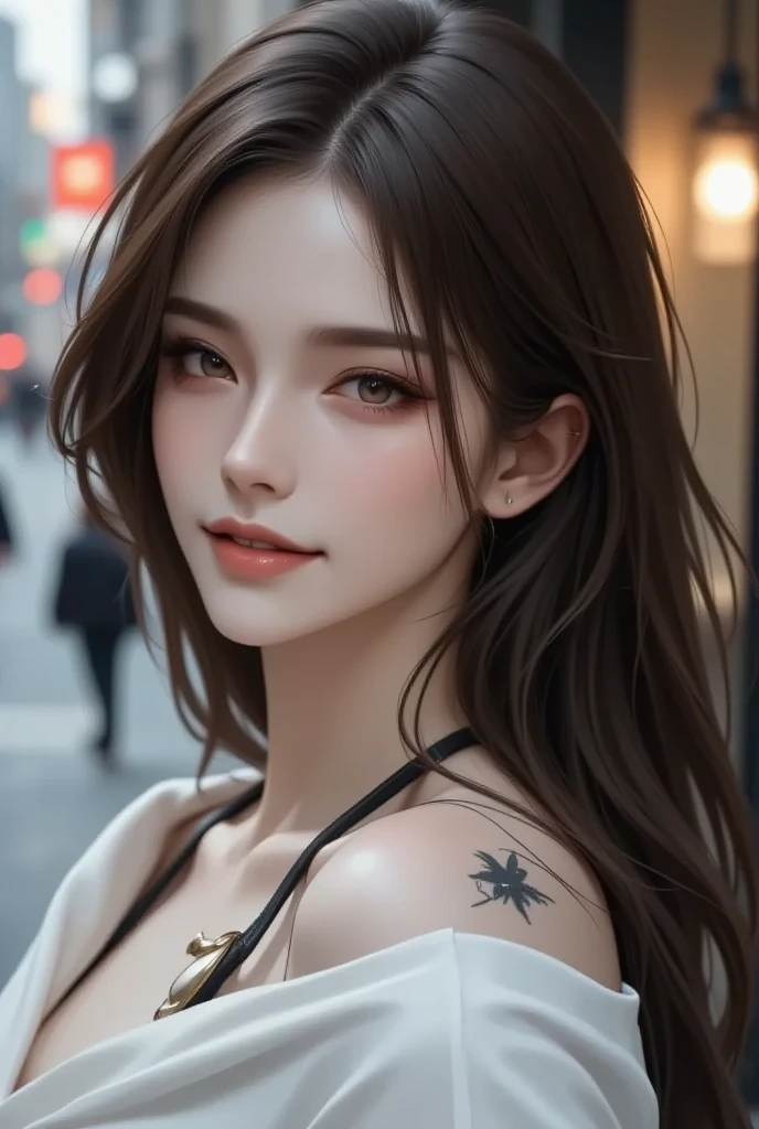 Urban beautiful girl college student, Masterpiece, Light makeup, red lips, silver hair, long messy hair, road background, beautiful, elegant. Very detailed details, Original work, real texture, Realism of cinematic lighting, perfect job, 16k, high resolution, Exquisite features,blue eyes、Japanese idol、หน้าbeautiful、cute smile、brown hair、beautiful hair、ponytail、charming、 big breasts、Erect nipples、Oily muscles、Shiny skin、Tanned skin、Black glow skin、Wear a bra and thong., big bright eyes, Smooth skin, earring, necklace, tattoo
