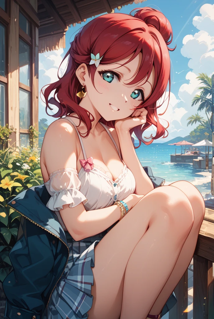 (Best Quality:1.3), Nakano Yotsuba, Orange shorthair, hair between eye, bikini of, Smiling, busty, Beach, crouching down、Spread your legs apart、M-shaped legs、From above), (Blushing:1.3)