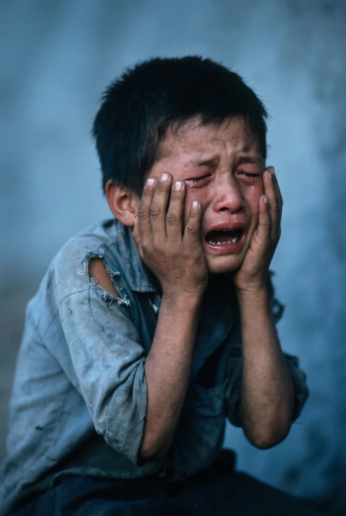 Boy with Flamengo football team shirt, crying so much that it made a puddle of water 