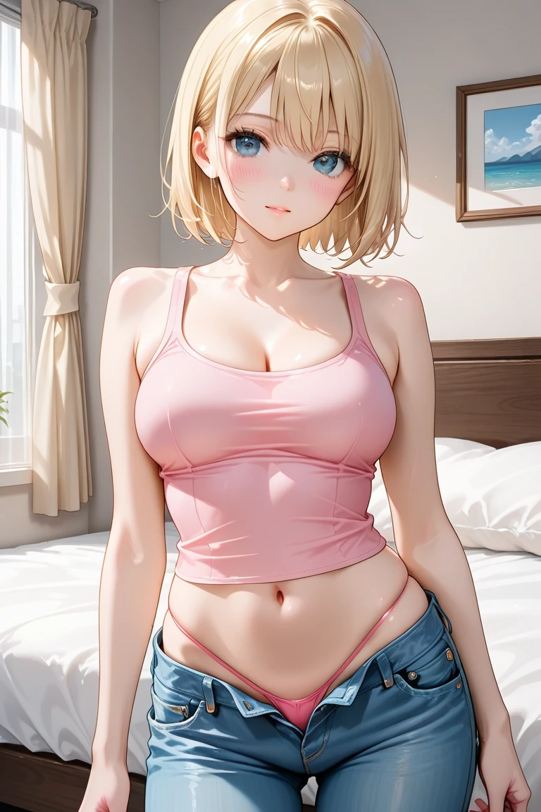 Amazing portrait of a sexy woman with short blonde hair with a bob haircut and a beautiful face with half lidded eyes perfect eyebrows slightly slanted as she's flustered with a deep blush on her cheeks with a long neck and medium chest that is emphasized by a tight pink crop top that showcases her amazing body and midriff with abs and a short denim shorts emphasizing her thick thighs and voluptuous body as she lays on the bed intimately spreading her legs in anticipation