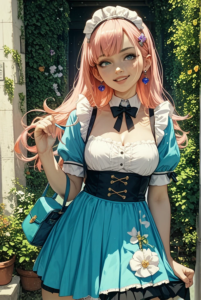 Ultra Realistic 8k CG, Masterpiece, ((Ultra detailed background, Delicate pattern, intricate detials)), (Highly detailed, fine details), Best Quality, 1girl, (Photorealistic:1.4),Beautiful lighting,  absurdress, RAW photo, Film grain, 1girl, 独奏,  Smile, long sleeves, looking a viewer, Average Breasts, high school uniform, short skirt, Green thighs, zettai ryouiki,  (two tone hair, pink hair, green hair), Green eyes, Looking up at the sky, (((Starry sky))), flower field