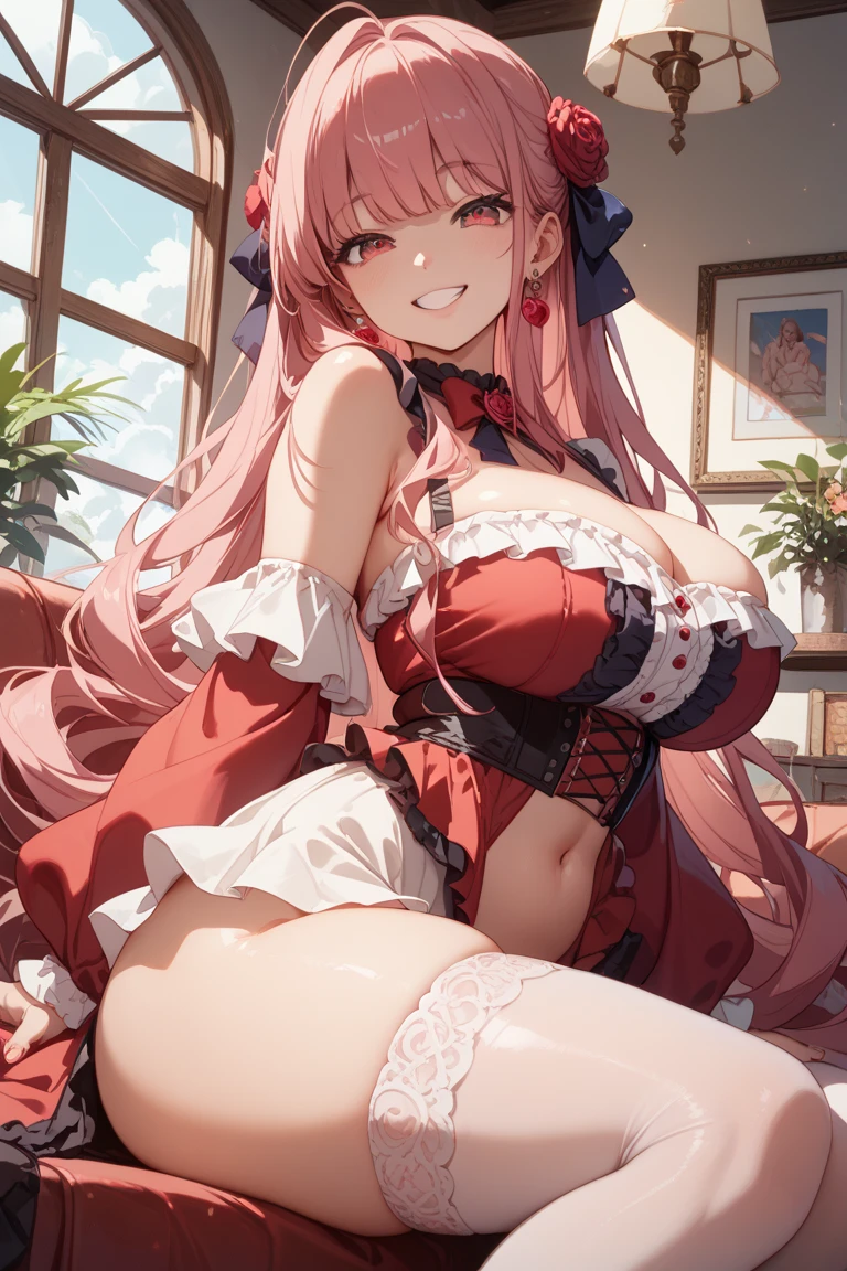 High quality, masterpiece, ultra-detailed, thighband pantyhouse, white lingerie, 1girl, solo, peaceful expression, long red hair, enchanting eyes, heterochromia, blue and green eyes, fox ears, ridiculously large breasts, grabbing own breast, shiny skin, bedroom, christmas