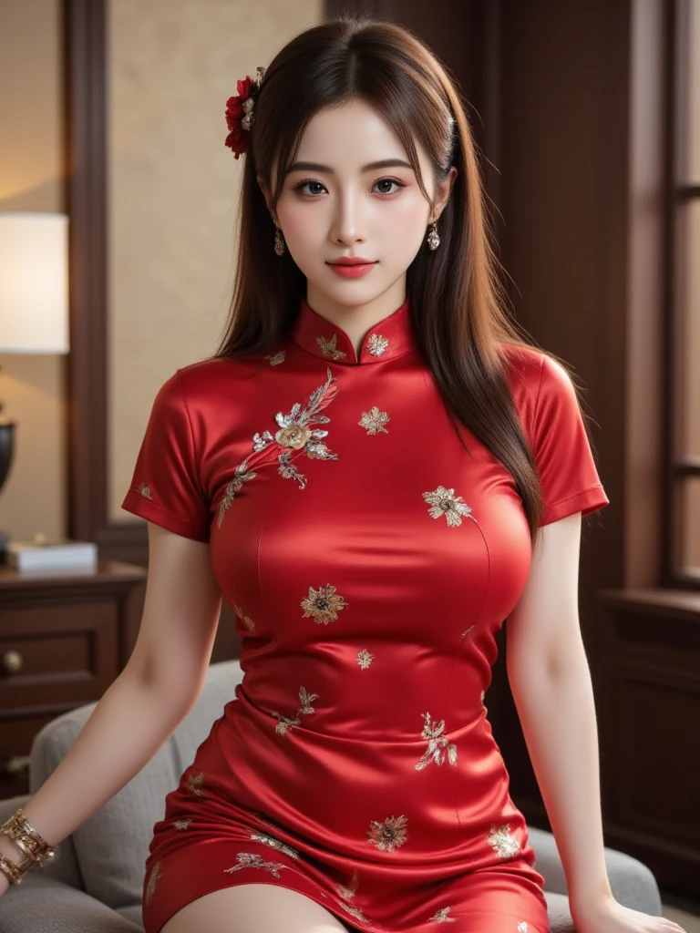 Woman in cheongsam，long leges，mediuml breasts，face to the viewer，close your mouth and smile，with a round face, In the bathroom