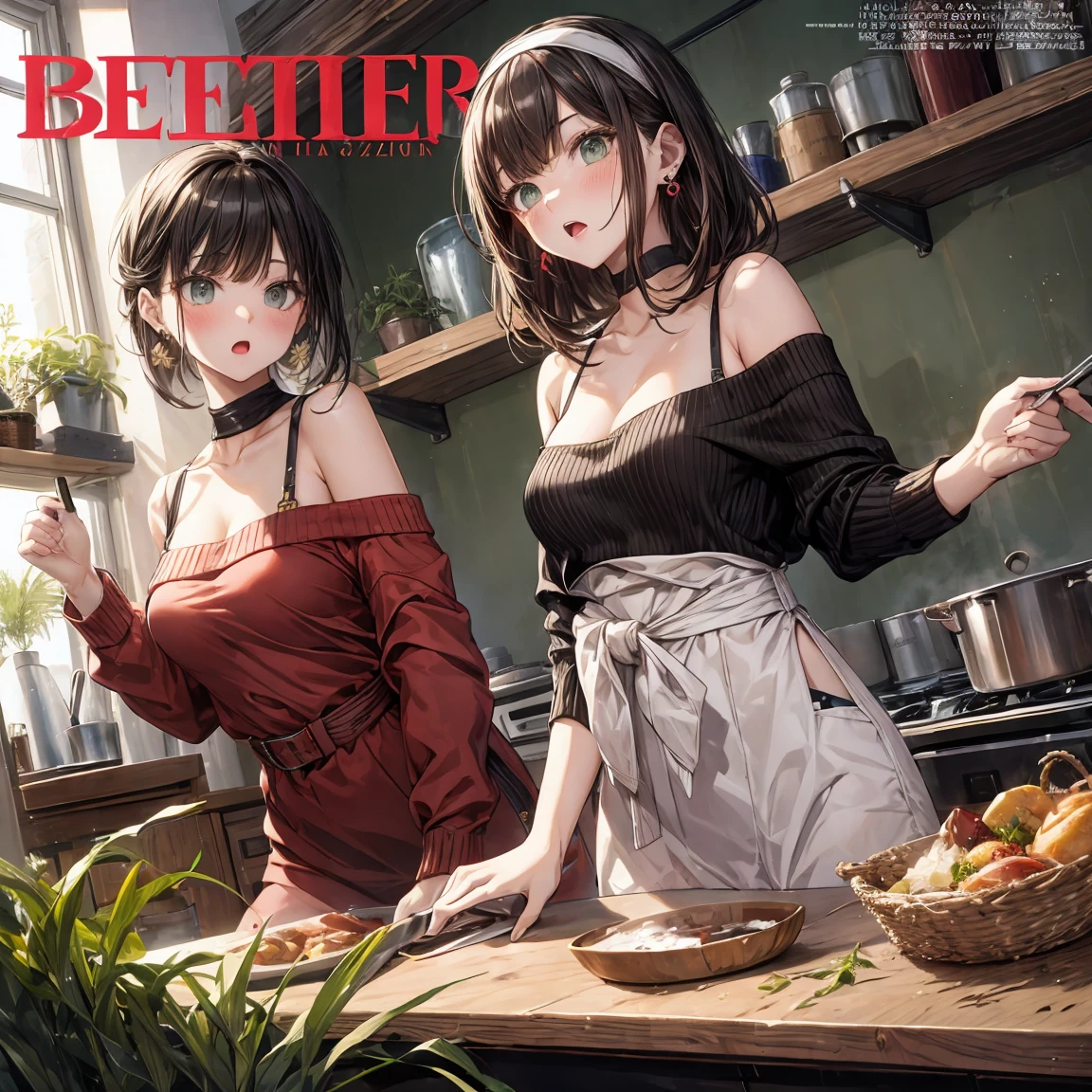 (small breasts:1.3), (perky chest:1.1), (pointed chest:1.0), (flowers magazine cover:1.3),(from above:1.2),(from side:0.9),masterpiece, a 18yo girl, Amazing Cleavage:1.1, thin waist, big ass, Raised sexy, small breast: 1.3, posed cleavage:1.2, open mouth, have a cute grass of cute beergrass,black hair, dark green eyes, dress, bare shoulders, jewelry, collarbone, sidelocks, hairband, earrings, indoors, off shoulder sweater:1.1, arms behind back, plant, short hair with long locks, gild hairband, off-shoulder dress, sweater dress, off-shoulder sweater, red sweater, dark gord hair, big side hair, very long side hair,is rendered in (masterpiece: 1.2, best quality), with (ultra high resolution) and an exquisite (depth of field). This masterpiece is not only visually stunning but also tells,A scene of cooking in the kitchen by classroom,looking at viewer,