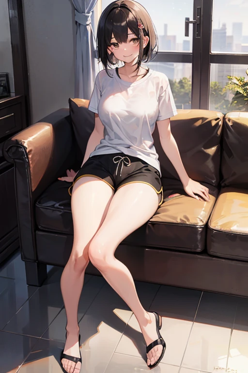 ((1 female))、full body、masterpiece、best image quality、ultra high resolution、The moment my lover caused a miracle、great visual depiction、professional effects、NSFW、Elementary school girl with big breasts、short hair、red face、shyly、mock、A black camisole revealing the chest of an elementary school girl、Black T-back pants for elementary school girls、sitting on the sofa、in the living room
