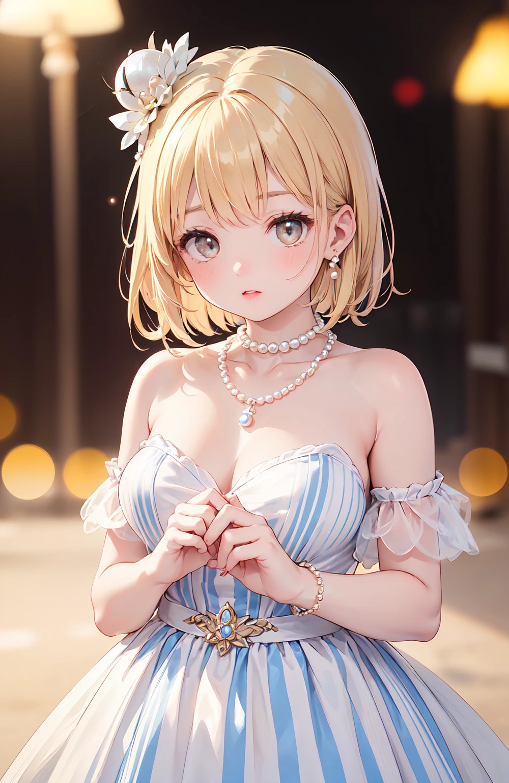 (masterpiece:1.2), (highest quality:1.2),, Curvy but slender body, perfect eyes, perfect face, perfect lighting, 1 girl, in the garden, （whole bodyが見える），（cute pose），（ruffle dress），（Exposed），（smile），long hair, curly hair, Fine clothes, Detailed outdoor background, compensate, eye shadow, thick eyelashes, fantasy, looking at the viewer, whole body，alice in wonderland、blue sky、Bright and very beautiful face、young shiny glossy white shiny skin、the best beauty、The most beautiful bright blonde hair in the world、thin hair、short hair、Shining beautiful bangs、Glowing crystal clear big blue eyes、Very beautiful lovely 17 year old most beautiful girl in the world、ample breasts
