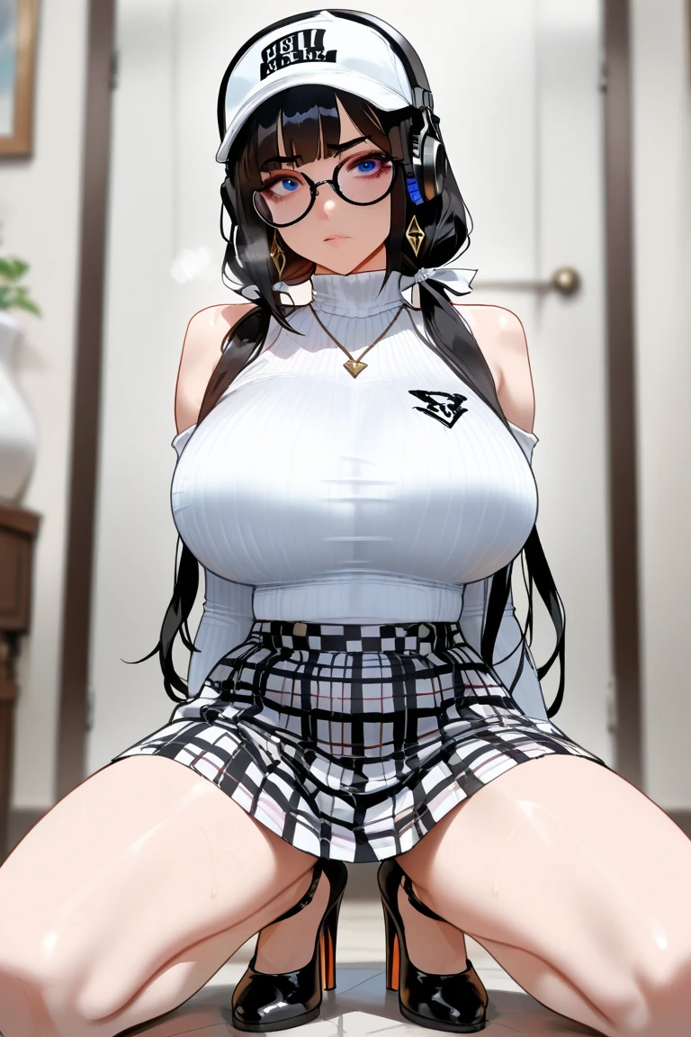 Nsfw, Nsfw, Chubby girl, lentes, cuerpo completo,desnuda , cabello negro, cama, aheogao, mallas altas color blanco