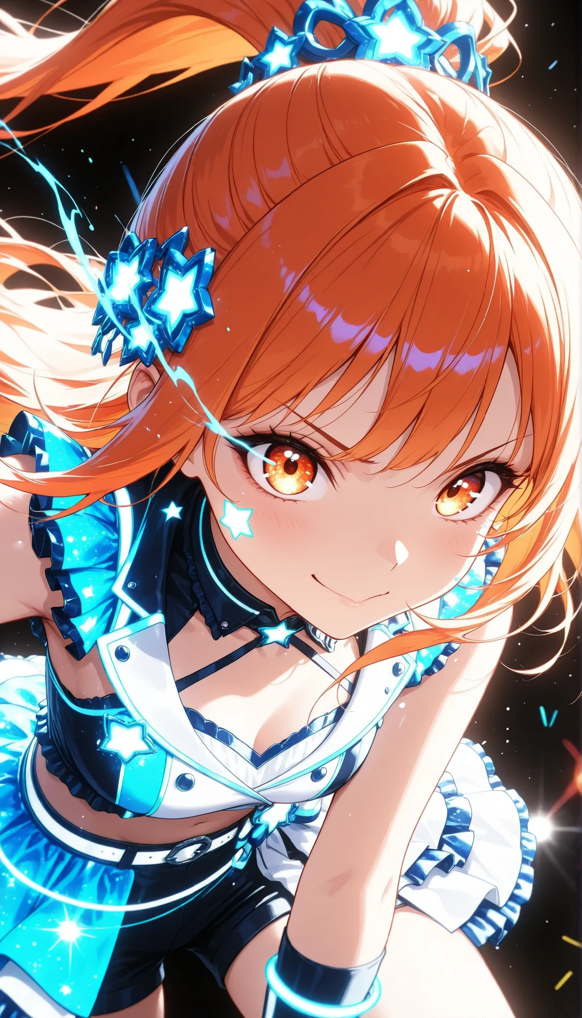 Beauty Idol, orange hair that bulges up cheeks:1.4, High Position Super Long Ponytail , blue hair accessory , orange eyes, colorful , neonライト, eye trail:1.4, cowboy shot,face close-up, Live Stage, lively, black background, Glowing Contours, neon, Black Light, watching viewers, Virtual Idol, ultra high resolution, RAW PHOTO, (Highest Quality:1.2, CG illustration, masterpiece:1.2, Best Aesthetics),