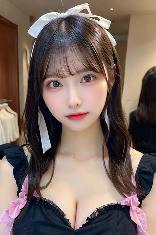 NSFW,(Y2K Fashion)、ponytail、(Big Tits、busty breasts 1.8、valley)、Beauty、double eyelids、Tear bags、Big, round eyes、Long eyelashes)、highest quality、karaoke