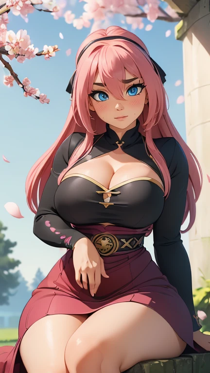 beautiful, (best quality, masterpiece, super detailed: 1.5), perfect lighting, shiny, hires, nature, cobblestone, steam, blue sky, in the distance, whole body, face focus, 1girl, Mitsuri (demon slayer), beautiful girl, beautiful face ((Mitsuri (demon slayer))), a girl with long green-pink gradient hair and green eyes in a long-sleeved jacket with a neckline, white haori, a black skirt with a silver belt and green striped hips, pink hair, green hair, gradient hair, multicolored hair, long hair, bangs, double braids, green eyes, demon slayer uniform, long sleeve jacket, white haori, black skirt, silver belt, green striped thighs, blush, sweat, realistic, chest, wide hips, (thick barbells: 0.9), décolleté, standing, hands behind your back, viewer look, erotica