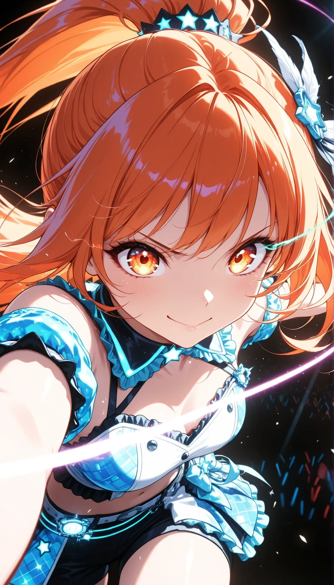 Beauty Idol, orange hair that bulges up cheeks:1.4, High Position Super Long Ponytail , blue hair accessory , orange eyes, colorful , neonライト, eye trail:1.4, cowboy shot,face close-up, Live Stage, lively, black background, Glowing Contours, neon, Black Light, watching viewers, Virtual Idol, ultra high resolution, RAW PHOTO, (Highest Quality:1.2, CG illustration, masterpiece:1.2, Best Aesthetics),