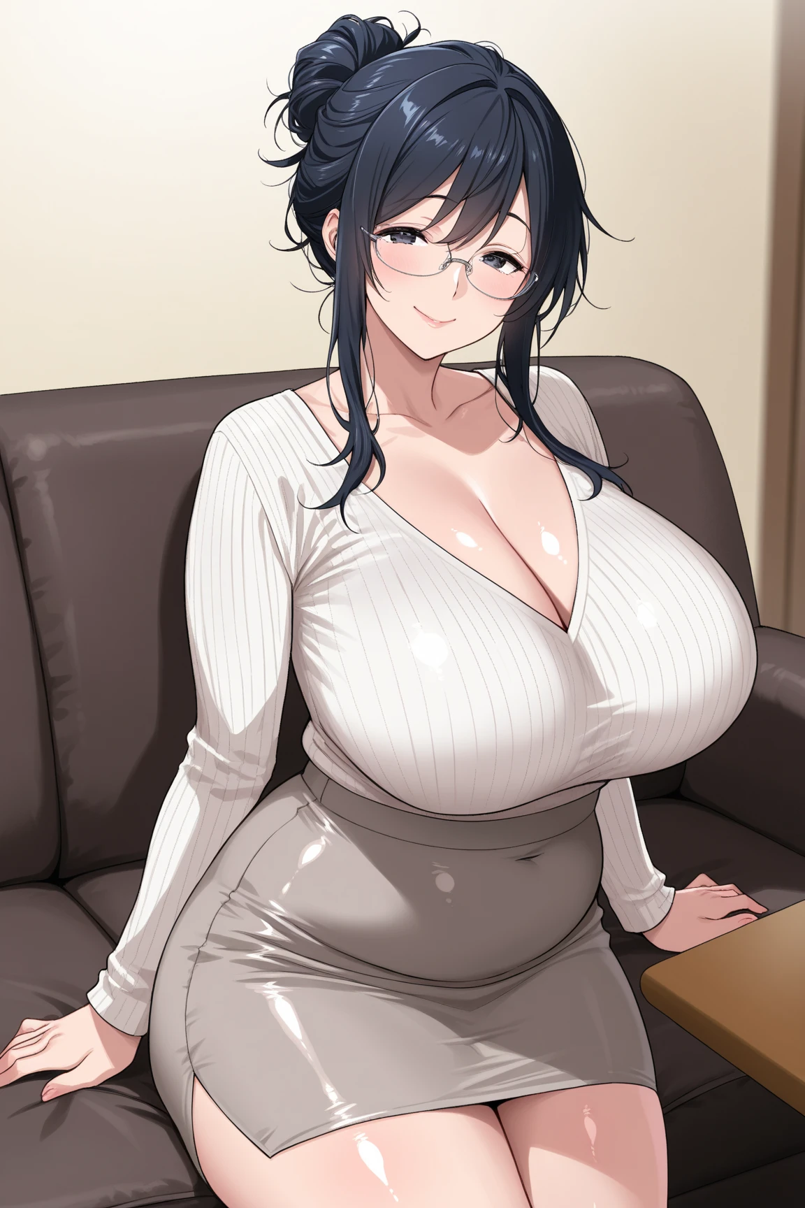 Masterpiece, hi res, absurdres, Best Quality, 4K, detailed, HD,{{Artist:Sincos}},by Sincos ,solo, mature female, age 40, milf, huge breasts, saggy breasts, curvy, chubby, medium length black hair, messy hair, sitting at couch, living room, sweaty, office clothes, cleavage, sweaty ,unbuttoned white blouse, lacy bra, skirt, lifting skirt, showing panties, smiling , prominent lips, spread legs, Open legs , Mature face, sharp features