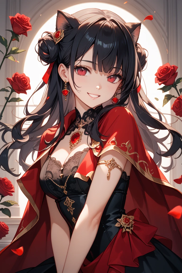 (perfect anatomy, masterpiece:1.2, best quality, 8k, beautiful detailed grow, daydreaming expression, immensely beautiful femdom girl, black hair long straight hair, detailed red eyes, beauty rosy mouth, love smile, bigboobs), break, in a queen red dress, love pause, in the bedroom.