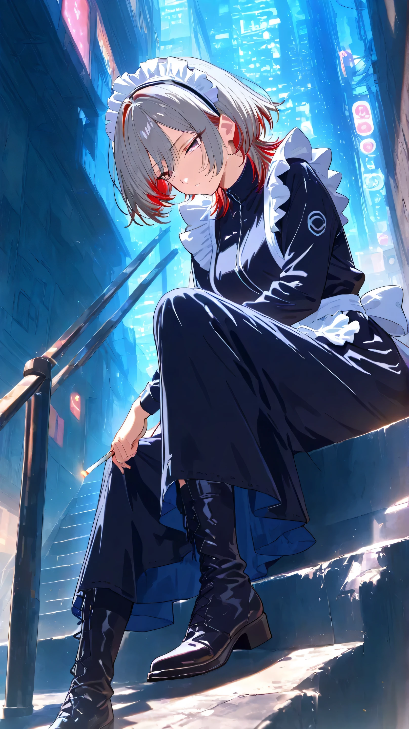 anime, masterpiece, best quality, 4K, full-body, solo, mature atmosphere,
wolf-cut hairstyle, gray hair with red highlights and red inner color, sharp eyes, calm and slightly tired expression, subtle shadows under eyes,
classic black and white maid outfit with a slightly loosened chest area, wearing black boots, wearing a maid headband (headpiece),
holding a cigarette casually during a break,
sitting on an outdoor staircase landing of a building,
surrounded by concrete walls and metal railings, urban gritty background,
soft dusk or nighttime lighting, illuminated by gentle city lights,
relaxed and weary pose, cool and worn-out vibe