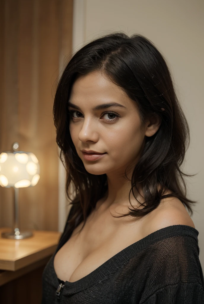 Photograph of 1 stunning 23-year-old girl. , wearing a black layered nightgown , pelo negro con mechones rojos ,en una casa gotica elegante , foto de retrato, mirada y sonrisa coqueta, Looking to the camera , spectacular lighting, gorgeous, (escote profundo), Photoshoot, occidental, (Obra maestra), mejor calidad, high resolution, fondo extremadamente detallado, piel con poros, , Cinematic lighting completed.