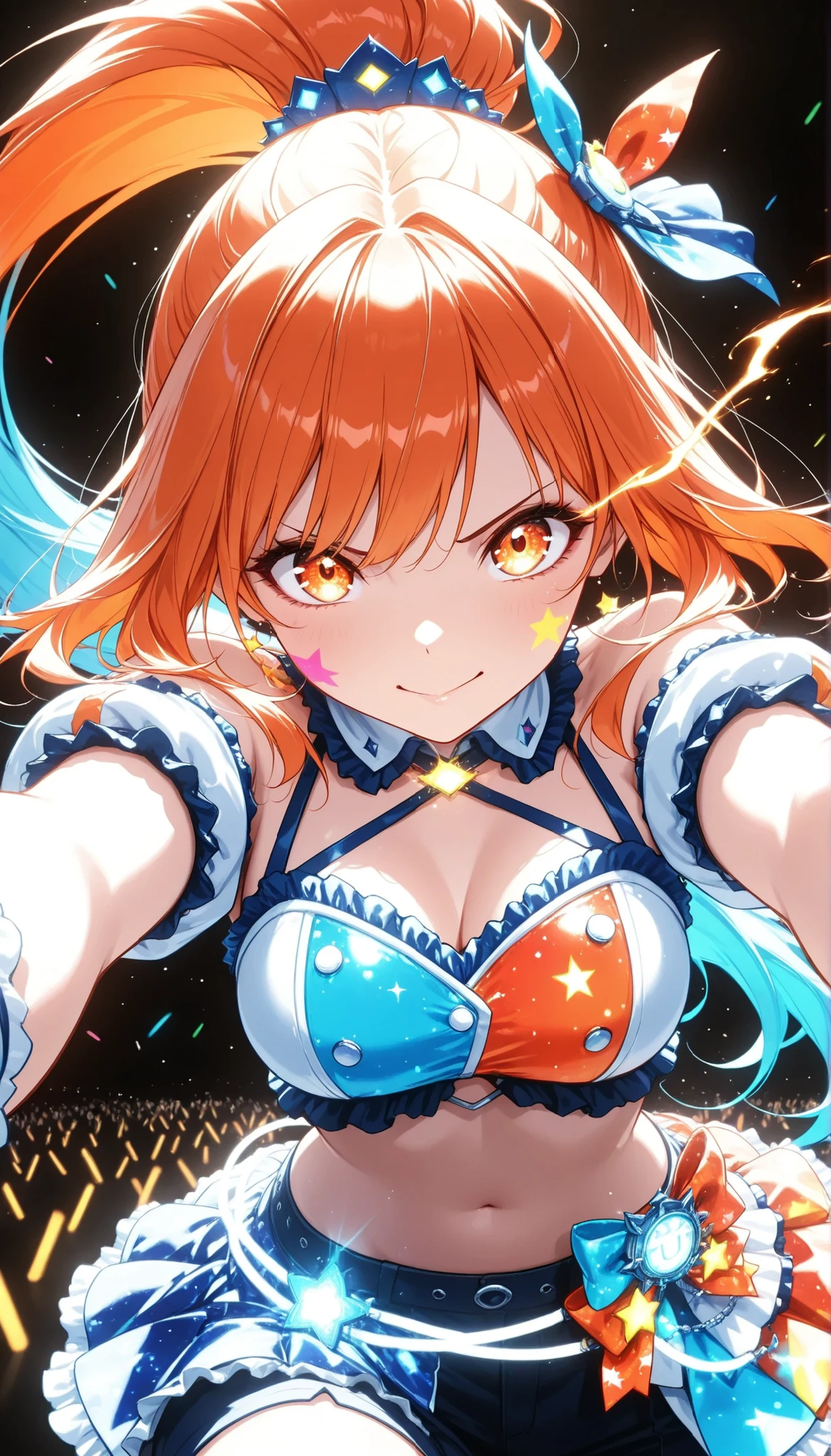 Beauty Idol, orange hair that bulges up cheeks:1.4, High Position Super Long Ponytail , blue hair accessory , orange eyes, colorful , neonライト, eye trail:1.4, cowboy shot,face close-up, Live Stage, lively, black background, Glowing Contours, neon, Black Light, watching viewers, Virtual Idol, ultra high resolution, RAW PHOTO, (Highest Quality:1.2, CG illustration, masterpiece:1.2, Best Aesthetics),