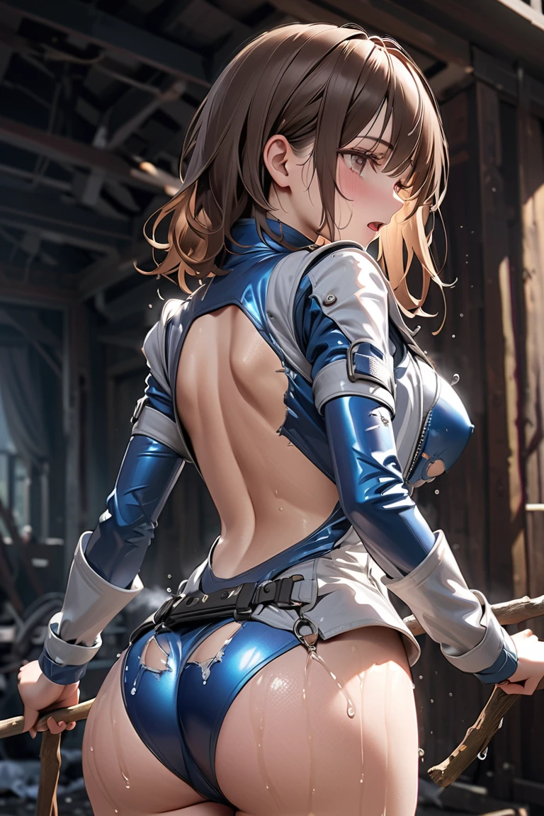 Arms back, restrained, leaning forwards, (master part, premium quality: 1.2), ella, borrow, 1 girl (Chizuru Mizuhara), semi-long brown hair with slightly loose bangs, eyes browns, Anxious face, looking at the camera, in a dark basement, cobblestones of cold atmosphere, Big, ((wearing full body ripped medieval bikini armor))), sexy branco brilhante big fit ass, clivagem big fit ass, profuse sweat on the body, blush, hollow in the chest, tied behind with a rope, legs spread open, legs spread open, chained, big fit ass, Chained hands, hand cuffed, hand cuffed, necklasees de slaves, chains around the neck, ダークファンタジー, legs spread open, M-shaped spread legs, tied behind hands with a rope, silver chain, legs spread open, legs spread open, hanging with chains, pulled by chains, open groin, big fit ass, It's about to come out of the costume. Constraints, slave, necklase, scorn, Medieval bikini armor, Teary, mature adult, charm, submission, shining skin, shiny, (sweaty: 1.3), exhausted, In the vicinity of Monster ((view from behind))
