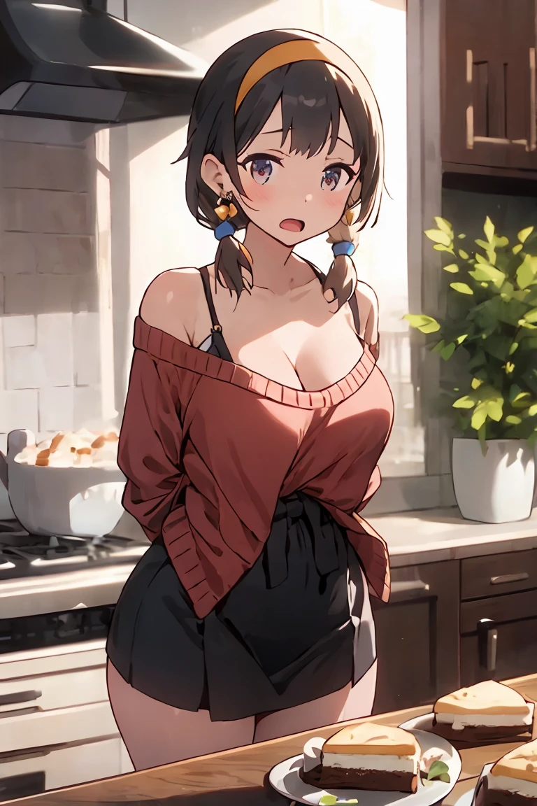 masterpiece, yor, 1girl, Amazing Cleavage:1.3, thin waist, big ass, Raised sexy, medium breast: 1.8 posed cleavage:1.2、solo, looking at viewer, open mouth, have a cup of orange juce,black hair, red eyes, dress, bare shoulders, jewelry, collarbone, sidelocks, hairband, earrings, indoors, off shoulder, :o, sweater, arms behind back, plant, short hair with long locks, white hairband, off-shoulder dress, sweater dress, off-shoulder sweater, red sweater, big side hair, very long side hair,is rendered in (masterpiece: 1.2, best quality), with (ultra high resolution) and an exquisite (depth of field). This masterpiece is not only visually stunning but also tells, make of cake cooking ,in the kitchen