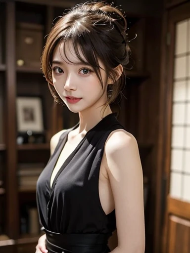 (((eyeをそらす,ponytail、The mouth teaches))),(((((Black Chinese Dress))))),(、Tabletop, One Girl, highest quality, Super detailed, (Shiny), (small)、(((with blush cheeks,))),Ray Tracing,Perfect lighting, (Milky skin:1.2), yellow_eye, The cutest 28-year-old girl in Japan、small ribbons in the hair、Background is China、smile、dusk