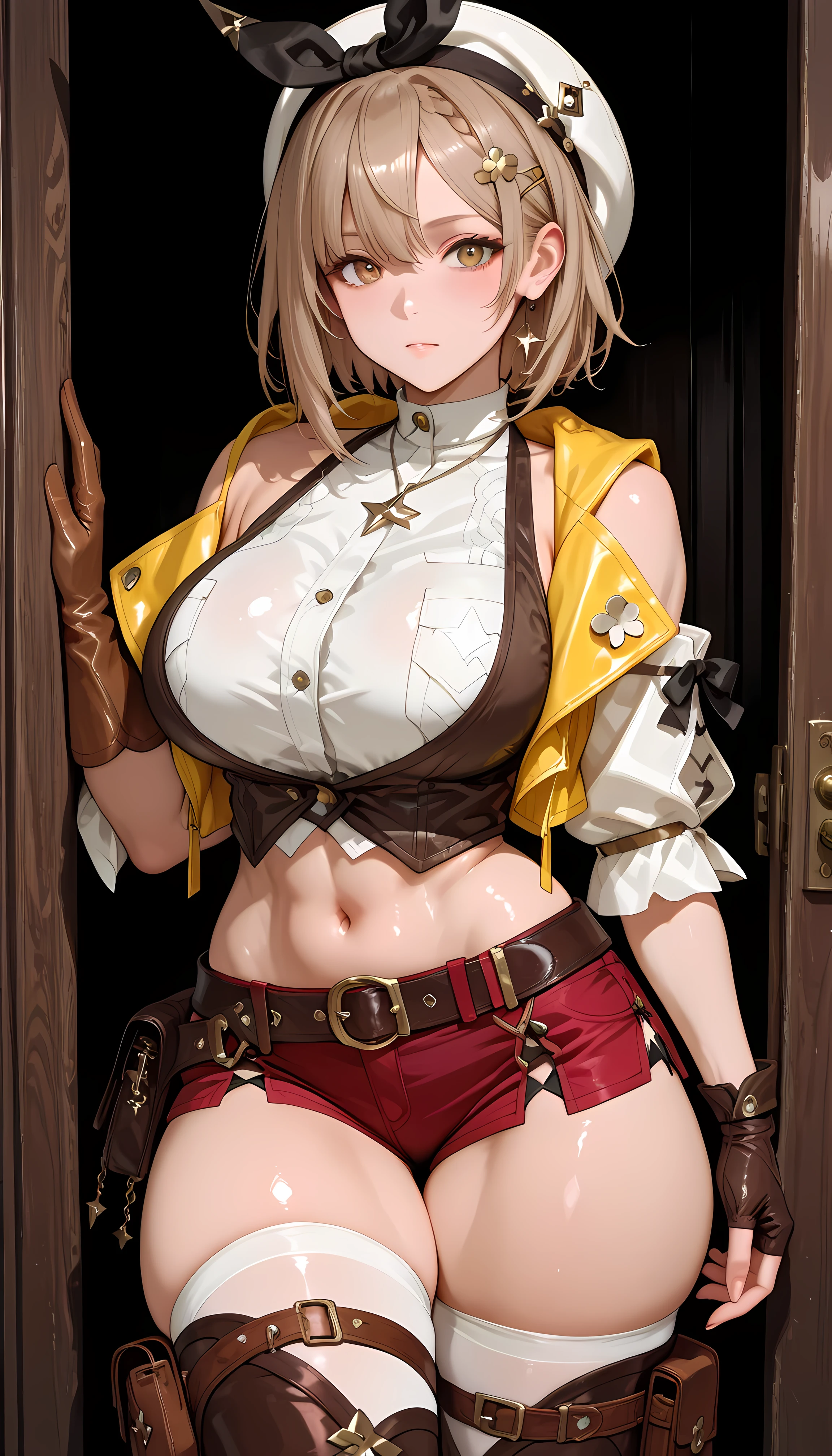 nsfw:1.6, Top quality, masterpiece, ultra high resolution, , (top quality, high resolution, 4K, detailed lighting, shaders, perfect anatomy, perfect proportions), eye of the beholder, (masterpiece, top quality) (top quality, 4K, 8K, high resolution, masterpiece: 1.2), highly detailed, (masterpiece: 1.3, top quality, ultra high resolution, ultra detailed), (top quality: 1.2), perfect eyes, perfect face, perfect lighting, (top quality, 4K, 8K, high resolution, masterpiece: 1.2), highly detailed, (top quality, 4K, 8K, high resolution, masterpiece: 1.5), highly detailed, masterpiece, top quality, ultra detailed, top quality, high resolution, 32K CG, very delicate and beautiful, illustration, high resolution, sharp focus, front lighting, glow, girl 1 person, solo, smiling, very beautiful and detailed anime face, very detailed eyes, ((masterpiece)), ((best quality)), (super detailed), ((cute)), cute, ((very detailed)), 4K, (8K), best quality, (best quality, 8K, 32k, masterpiece, super high resolution, very detailed, impressionistic:1.2), blurred background, (((two arms))) , (((two foot))), ((((four fingers and 1 thumb)))), Best quality , ((only one naval)),
(Scandinavian beauty). (Beautiful face: 1.2). (Cute). (Shiny blonde hair). (Chignon: 1.6). (Bangs swept to the side, showing forehead: 1.4). (Beautiful blue-green eyes). Tensed face: 1.8. Profile: 1.4. (Topless: 1.8). (Black hot pants: 1.6). (Maroon beret: 2). (Black combat vest: 1.8). (Black leg and arm straps: 1.7). (Combat boots: 1.7). (Holding a revolver: 2.2). (Crouching on one knee: 2.2). (Breasts and nipples uncovered: 2.5). (Small pink areola and nipples: 1.6). (Big breasts: 1.8). (Full chest: 1.6). (Beautiful breasts: 1.6). (Thin waist). (Slender figure). (Realistic facial expression: 1.6). (Choker: 1.7). (Necklace: 1.4). (Operation: 1.8). (Wristband: 1.4). (Deep Scandinavian autumn forest: 1.6). (Realistic background: 0.5). (Side-on angle: 2.5)