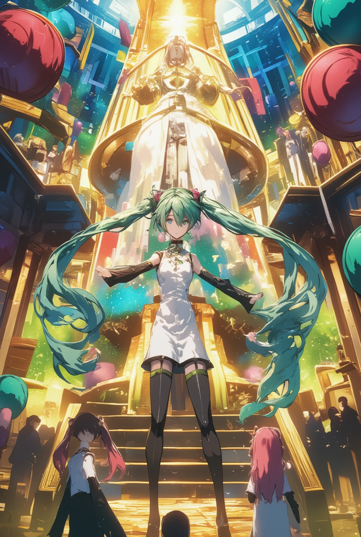 ( masterpiece、 Highest Quality、 Highest Quality、Official Art、 beautiful beautiful :1.2) Hatsune Miku、LIGHT GREEN TWIN TAILS, beautiful breasts, giant piano、a huge pipe organ、huge drums 、Giant Instruments、World of Fantasy and Music、Sacred Music Festival、Loud volume、Super Huge Museum、Reviews of Many Giants、band 、 Resonating Sound