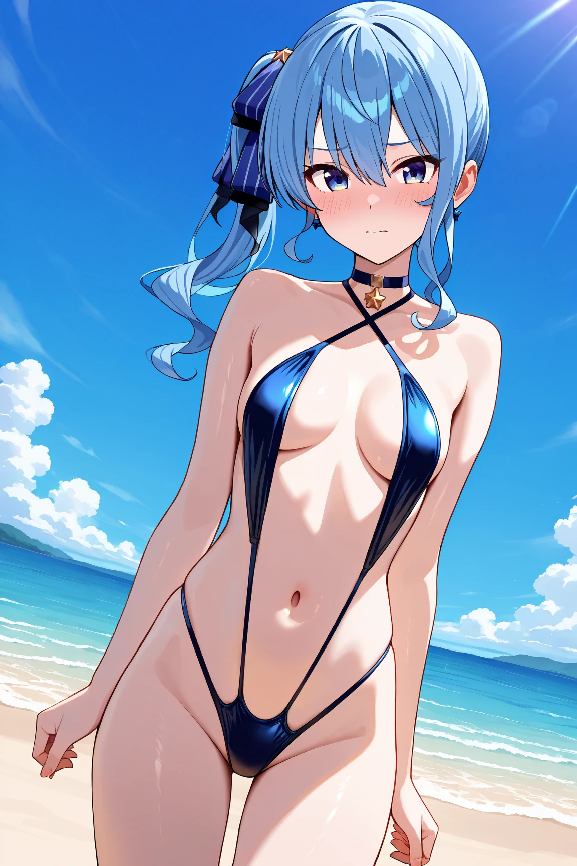(Super detailed、Ultra-high resolution、8K masterpiece、Vibrant colors)、((Flat Color))、((Floating water))、summer、Poolside、 A woman in a sexy swimsuit、(Angle from below)、(Golden chains on body、Golden handcuffs)、Random Sexy Poses、Sweaty、 ((body paint、Pop tattoo on thigh))、Big Breasts、Spread your legs、 (Tight swimsuit、choker)、cameltoe、Beautiful hip line、Butt、nude、 (short hair、Vermilion, blue, silver, golden hair、hair ornaments)、Beautiful blue eyes、Beautiful red lip、(Reluctant、Bad mood)、 TWICE's Tzuyu' on pause