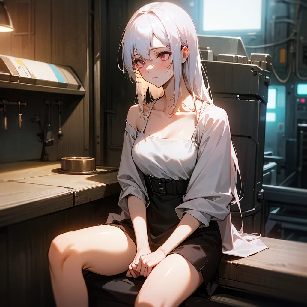 A girl with white long hair in black lingerie sits on a chair and plays on a gaming laptop.