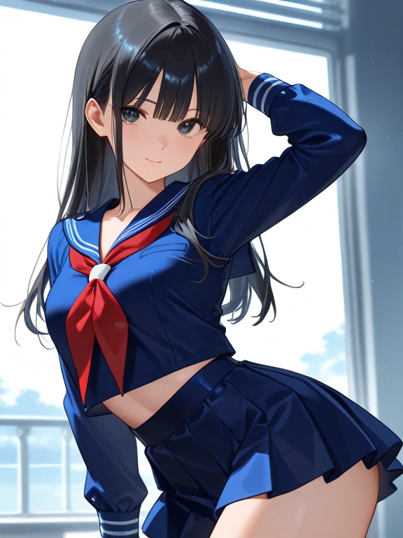 ((Highest quality)), ((masterpiece)), (detailed),Perfect Anatomy,A very cute, baby-faced, black-haired woman,((Highest quality, 8k, masterpiece: 1.3, )),A woman with very small breasts,Well-proportioned, slim body,Long, slender legs,Long, thin hands, detailedな顔, detailedな肌, fine grain, detailedな唇, detailedな舌, detailedな指, Mouth detailed, Beautiful teeth alignment,Realistic, High resolution, Natural light, Dynamic pose,Toned Legs, double eyelid, Tear bags, Round eyes, Moisturized lips, Cute smile , In the city where buildings stand side by side,,Black leather collar,For white sailor suit,Wearing a very short navy blue miniskirt,Strawberry patterned panties on a white background,red ribbon for sailor suit,Panties are visible,