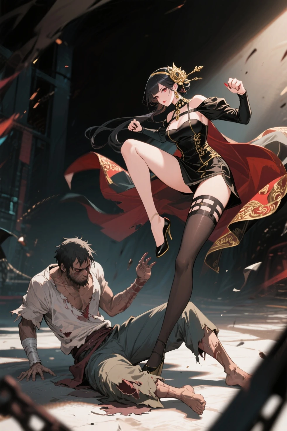 Fate/staynight、　Swordsmanship battle scenes、femele、two people、duel、Legendary struggle、Powerful、Immersive production、Special Move、The strongest in swordsmanship、Masterpieces of battle scenes、High-quality people、High quality in every detail、Three-dimensional with increased depth、Backgrounds meticulously drawn in detail、The people are complex and detailed and realistic、The texture is realistic、Exaggerate and reproduce the difference in materials。
