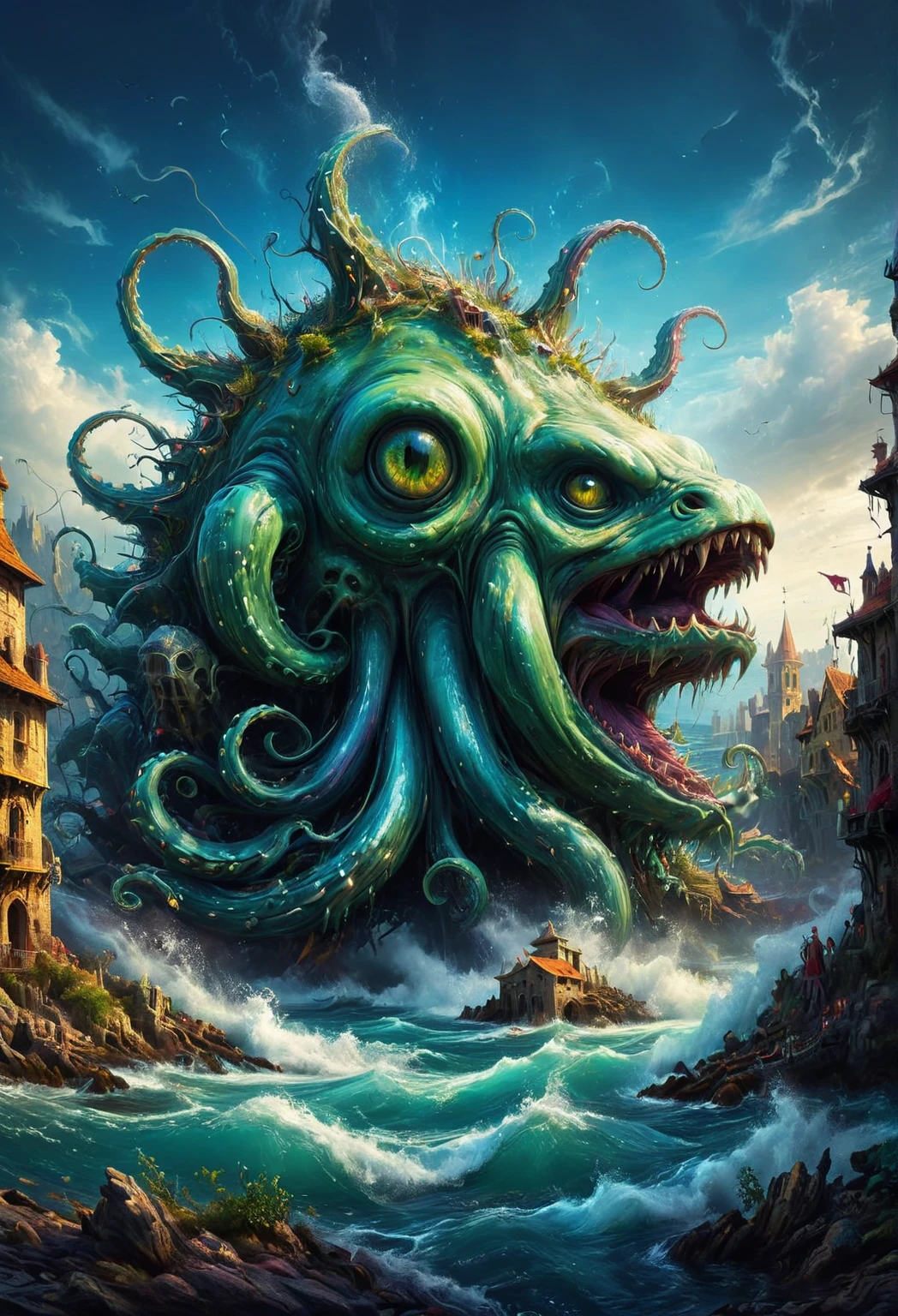 Slime monster, amorphous slime of monstrous colors ,Slime creature with tentacles and many mouths, giant Dagon fish monster, in the middle of the fishery
masterpiece,Highest quality,8k,High resolution,
Fantastic,scary,horrific,
Please draw a amorphous Dagon fish monster. A Dagon fish monster covered in slime. Slime dripping from the gills. fishing boats with viscous slime. Slime monster Dagon fish at the docks. brooding dark, madness of slime, slime bubbling and pulsating. fishing boats covered by the slime. Monster slime.