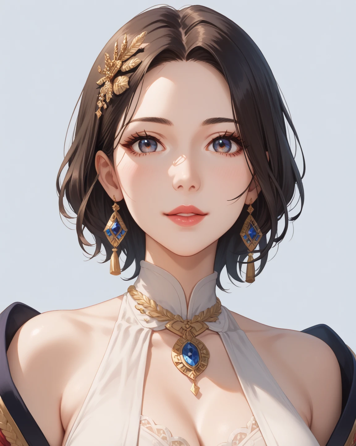 masterpiece, 4K, (Beautiful dark-haired Asian woman: 1.2), Portraiture, High quality art, High resolution, High resolution, in the center, Symmetric, Excellent anatomy, Swollen lips, smile, surprised, blush, lipstick, Beautiful Eyes, Smooth Skin, beautiful woman, jewelry, Moroccan Caftan, Blue fabric with gold embroidery, (Focus on the upper body: 1.2), style, woman, Looking at the audience, smile, Symmetric, in the center, close, woman, Athletic ability, fit, Tight waist, Realistic body proportions, Realistic, photo-Realistic, 8K, Very detailed, LED Light, Laser light, fruit flavored, bright, Anatomically correct, Symmetric anatomy, Urzan-6500
